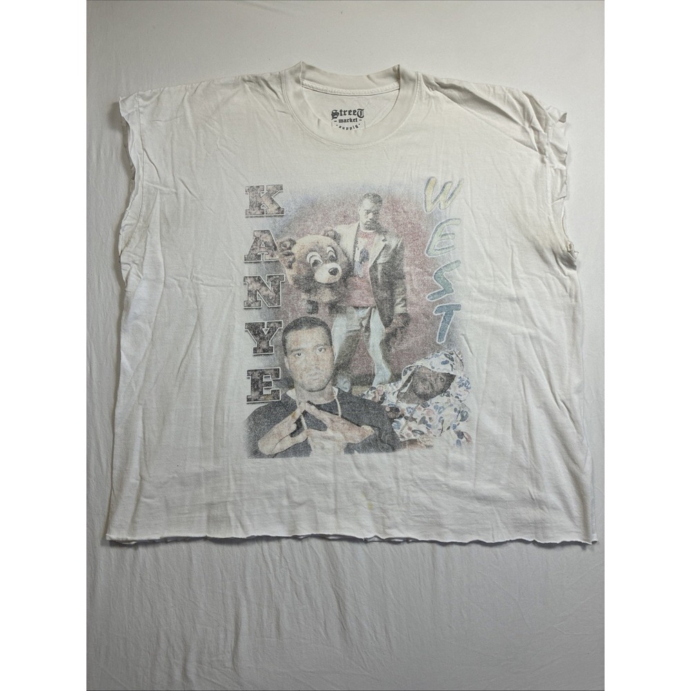Kanye West Dropout Bear Graphic T Shirt XL  White Rap Hip Hop Thrashed Cropped